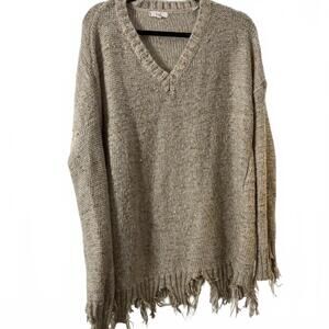 EASEL Heather Tan Oversized BOHO Shark Bite Fray V Neck Sweater Womens SZ M/L